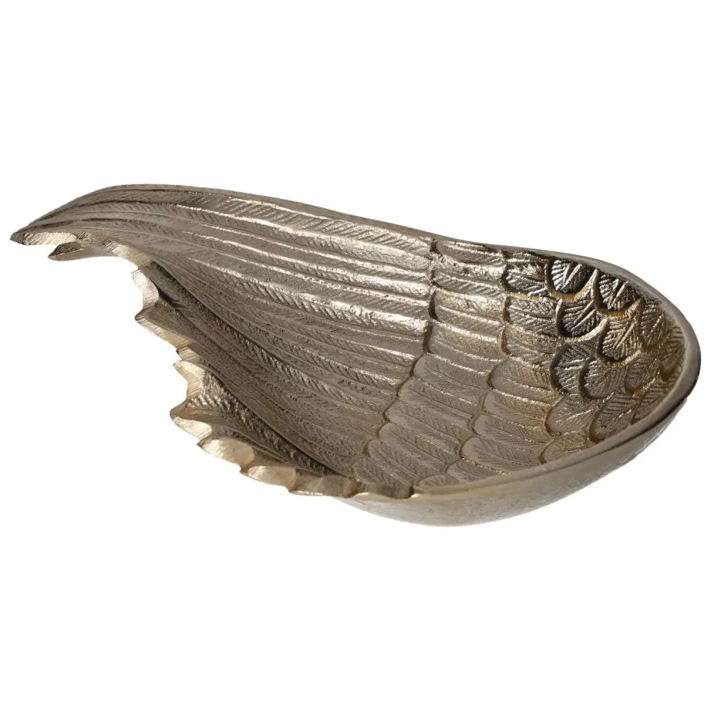 Gold metal angel wing bowl with intricate feather details, ideal for decorative home use or as a unique gift item.