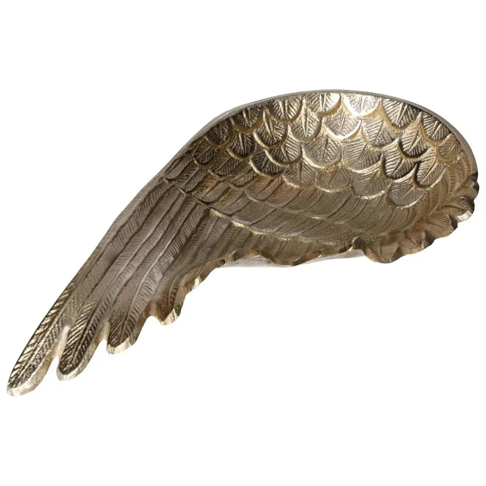 Gold metal angel wing bowl with intricate feather details, perfect for home decor or gifting. Elegant and unique design.