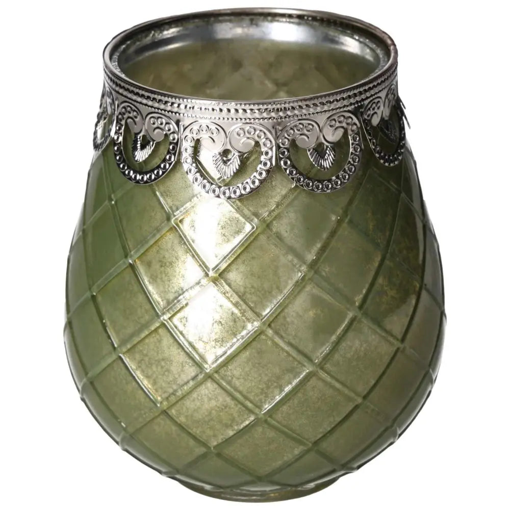 Green Glass Lantern from Sylvia Crystals with intricate silver detailing, embodying sophistication and tranquility for serene environments.