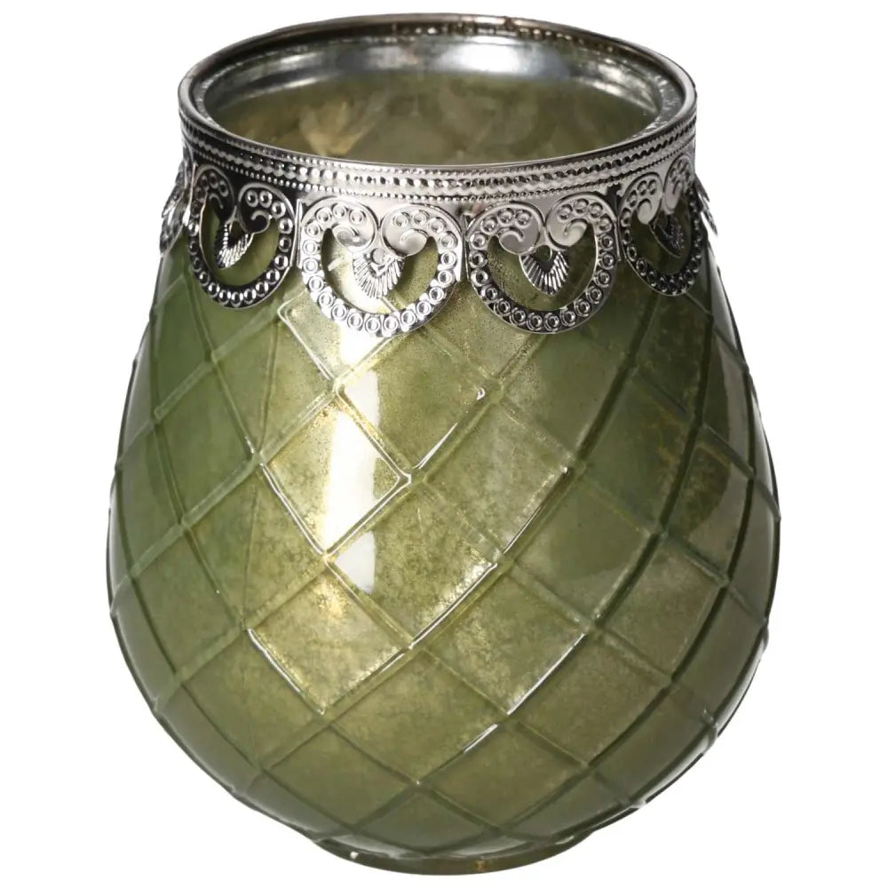 Green glass lantern with ornate silver trim, offering a serene glow; ideal for enhancing tranquility in elegant spaces.