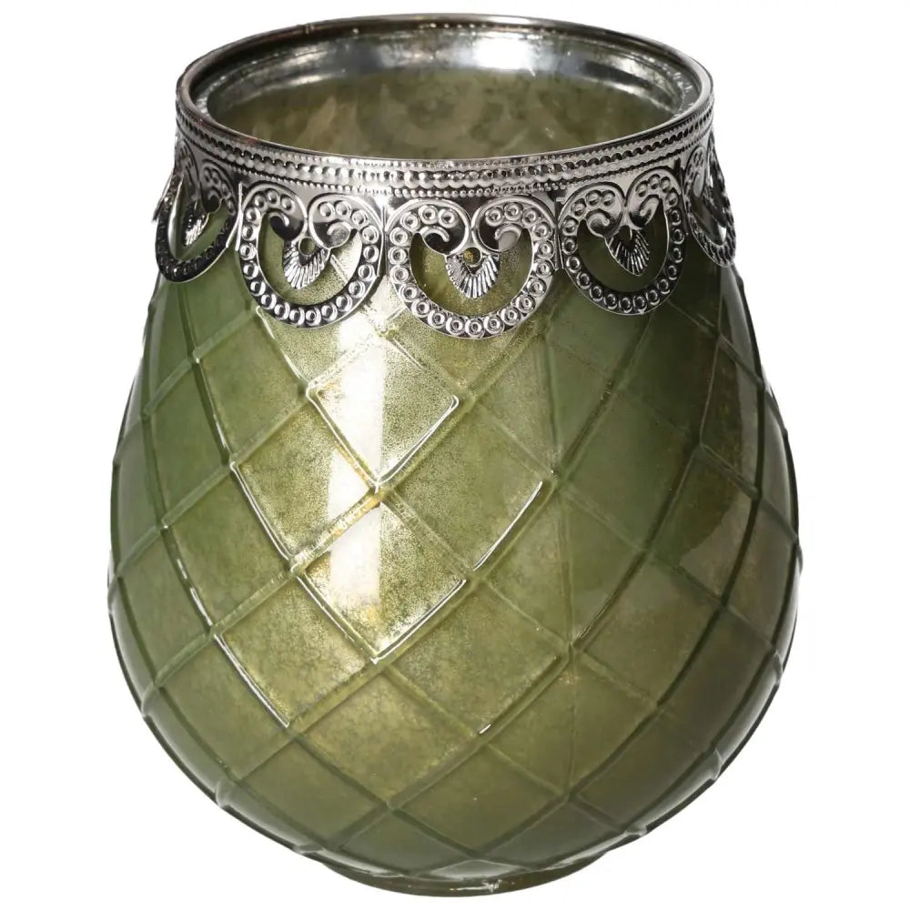 Green glass lantern by Sylvia Crystals with intricate silver detailing, symbolizing tranquility and elegance.