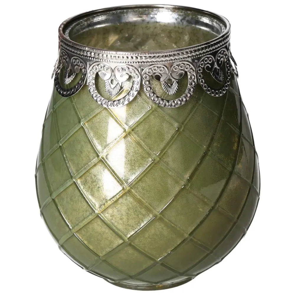 Green Glass Lantern by Sylvia Crystals with intricate silver detailing, exuding elegance and tranquility for a serene home ambiance.