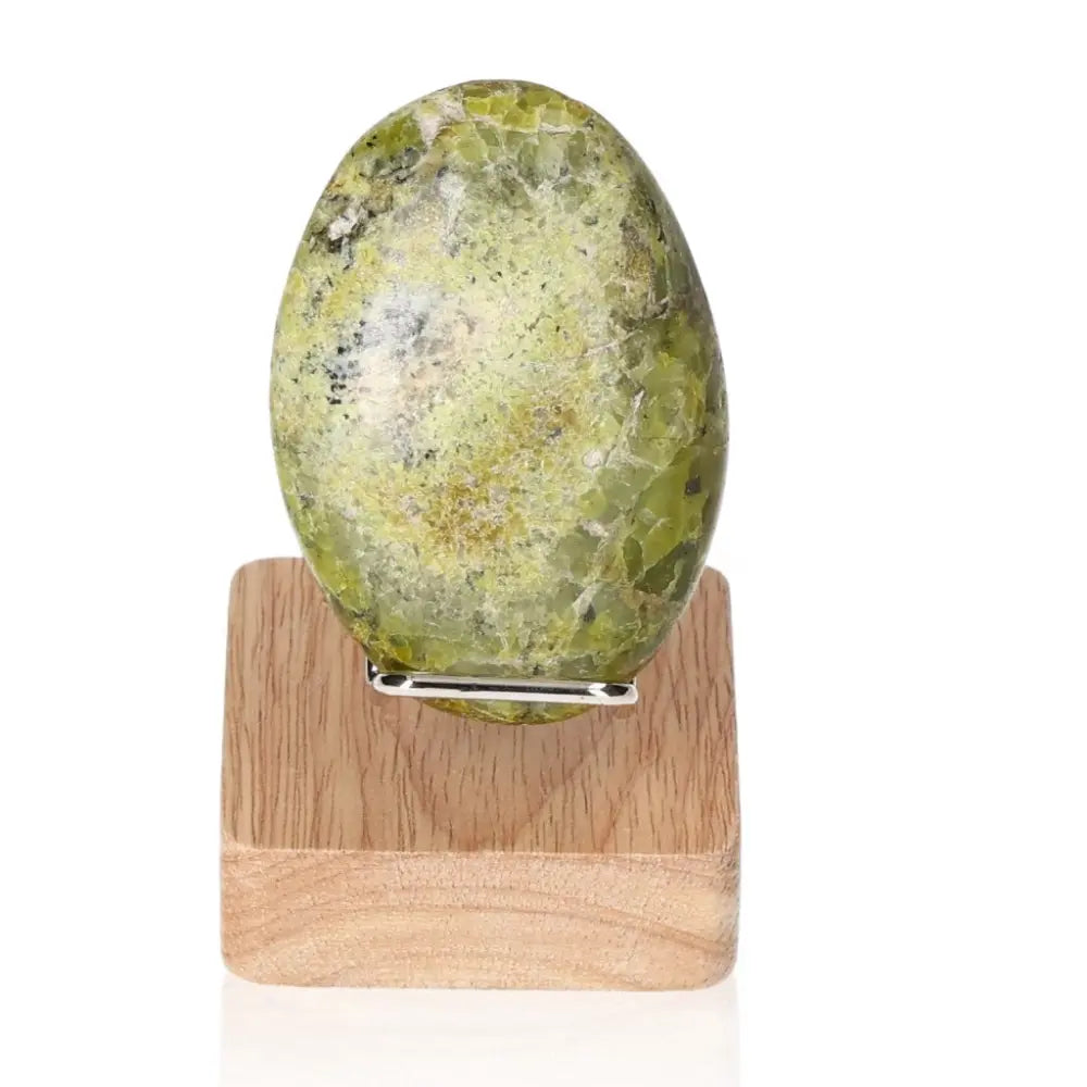 Green Opal Freeform Stone on Wooden Stand for Emotional Healing and Renewal