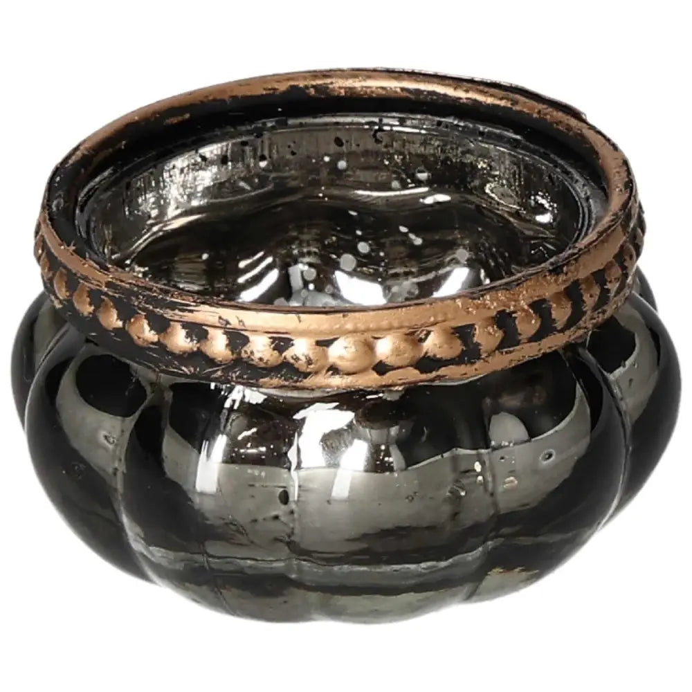 Elegant grey candle holder with bronze accents, perfect for sophisticated home decor by Sylvia Crystals.