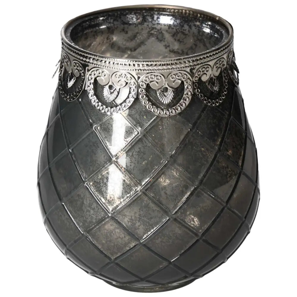 Elegant Grey Glass Lantern with intricate silver detailing, embodying luxury and divine geometry, by Sylvia Crystals