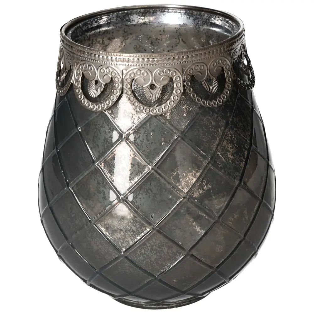 Elegant Grey Glass Lantern with intricate silver detailing from Sylvia Crystals, designed to cast a serene, ambient light in any space.