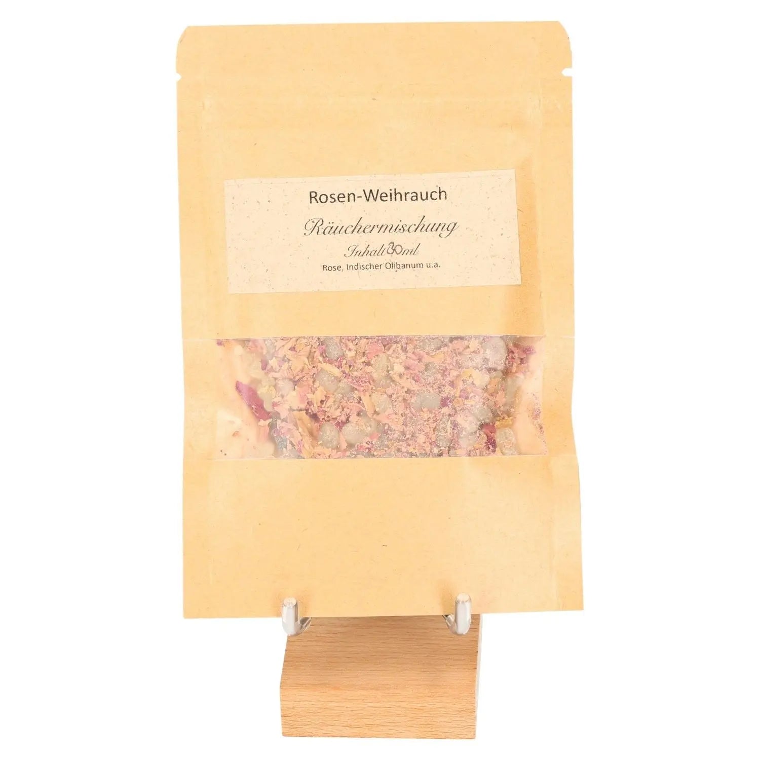 Bag of Rose Incense Blend featuring natural ingredients, perfect for creating a calming and romantic atmosphere.