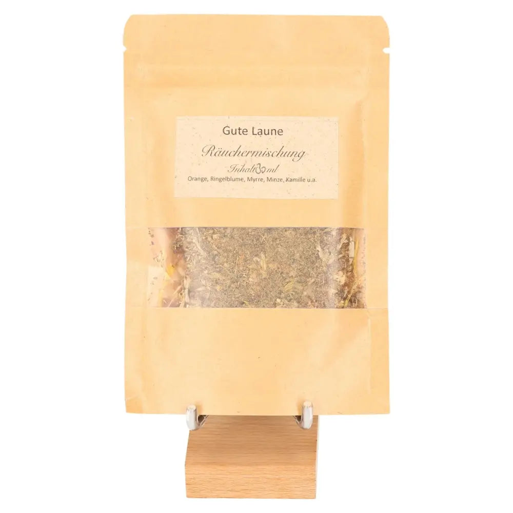 Incense Blend 'Good Humor' in kraft bag, described as mood-boosting with meadow scent and calendula, perfect for relaxation.