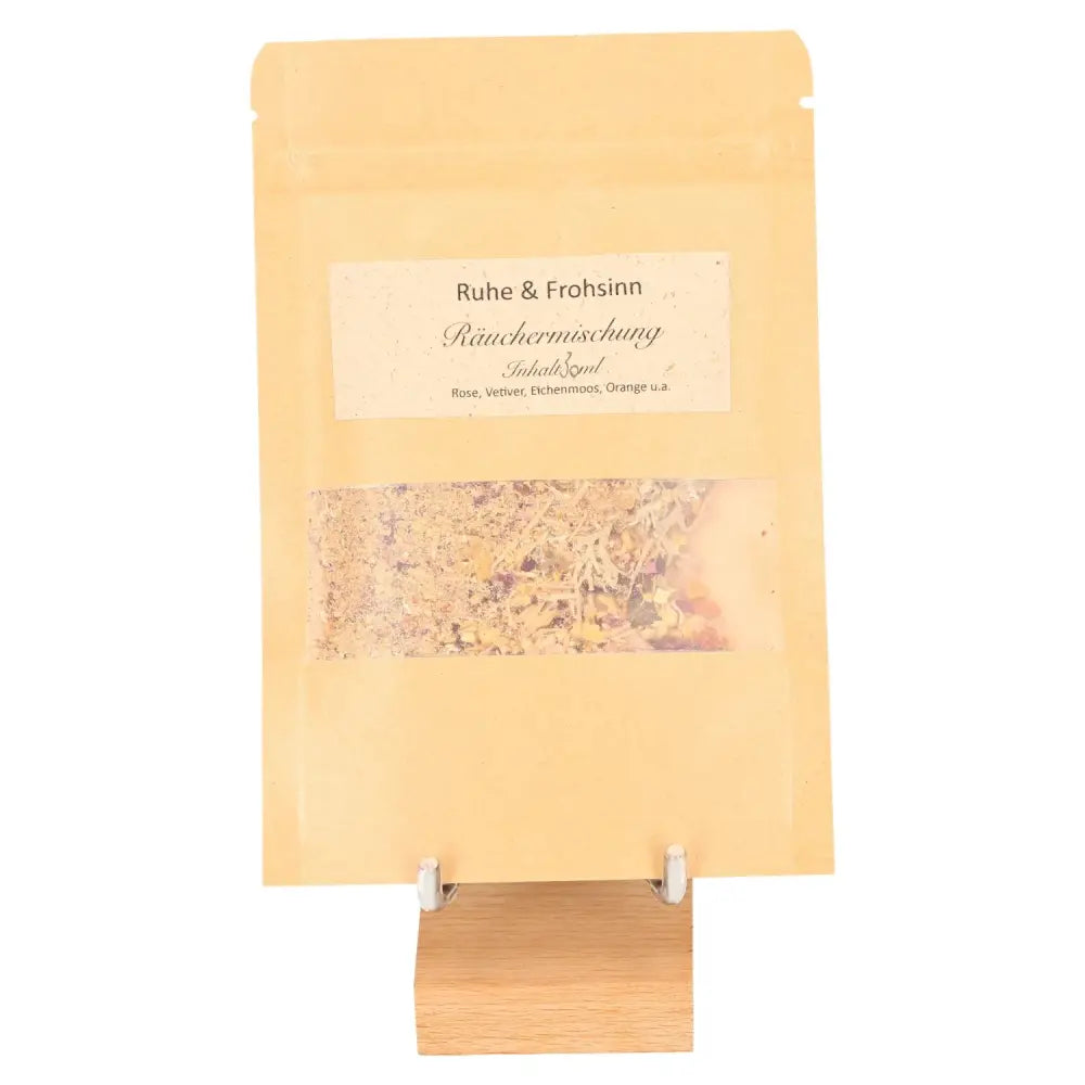 Incense Blend 'Joy and Serenity' package featuring vetiver, rose, oak moss, sandalwood, and frankincense for relaxation and well-being.