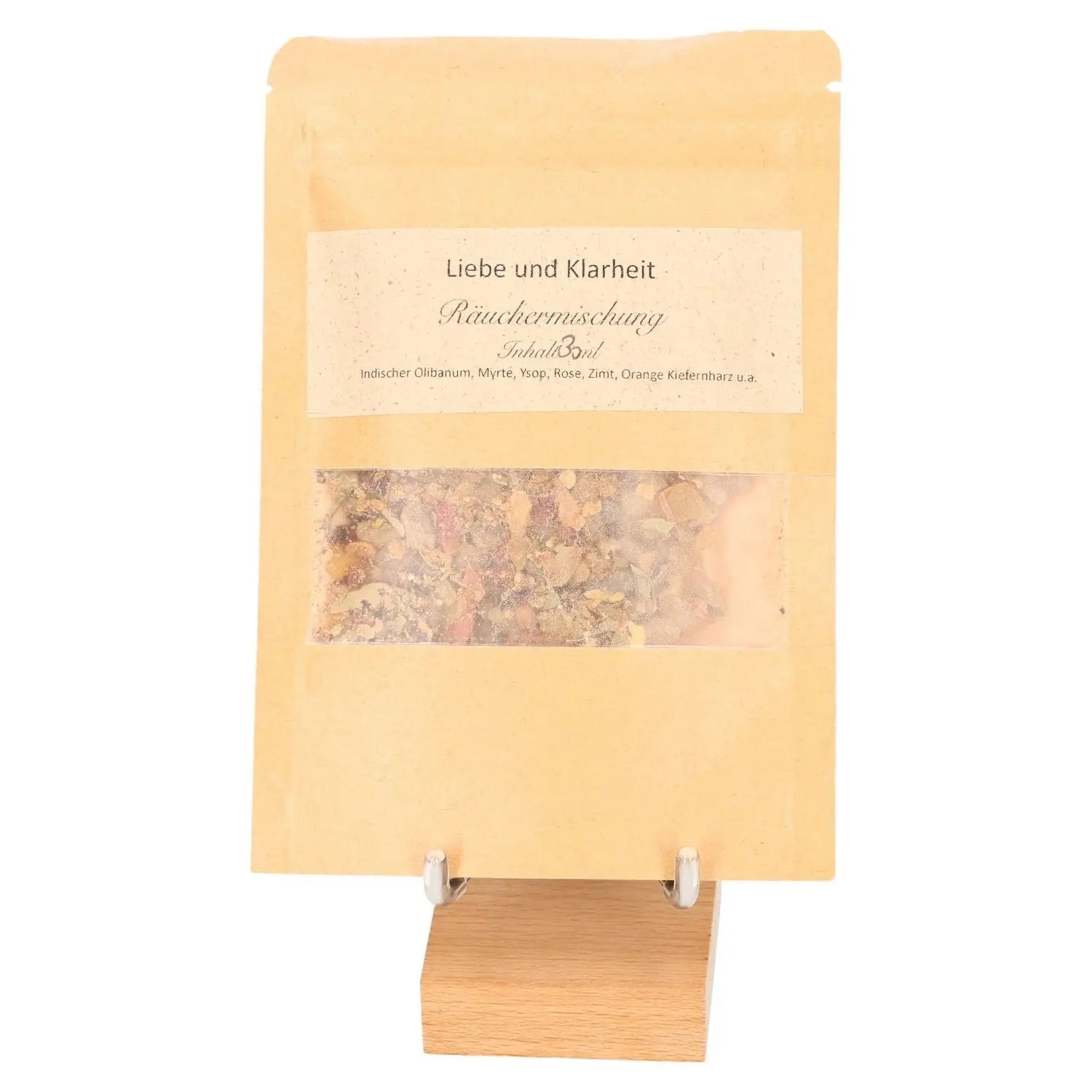 Love and Clarity Incense Blend packaging featuring Myrtle for emotional healing and cleansing in a natural paper bag.