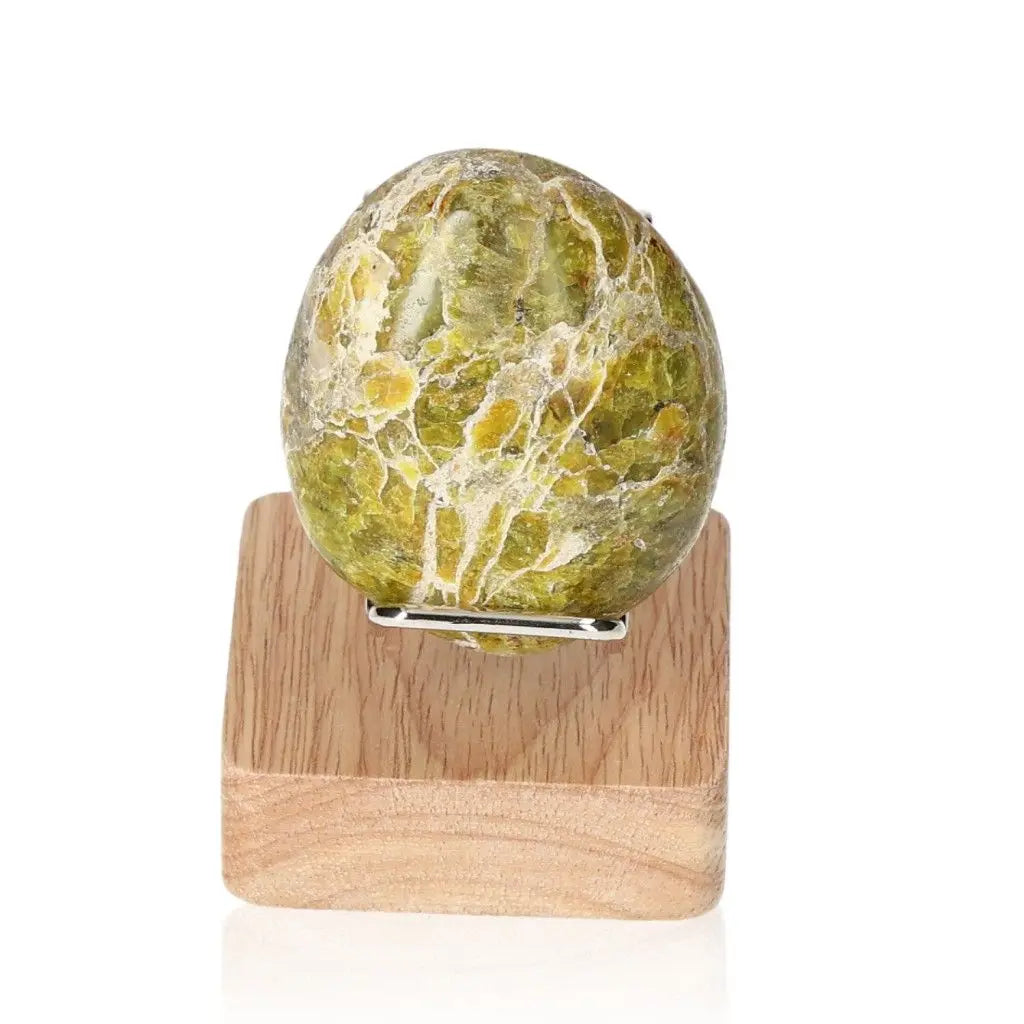 Green Jasper Palmstone on wooden stand, offering calming and nurturing energy for emotional balance and spiritual growth.