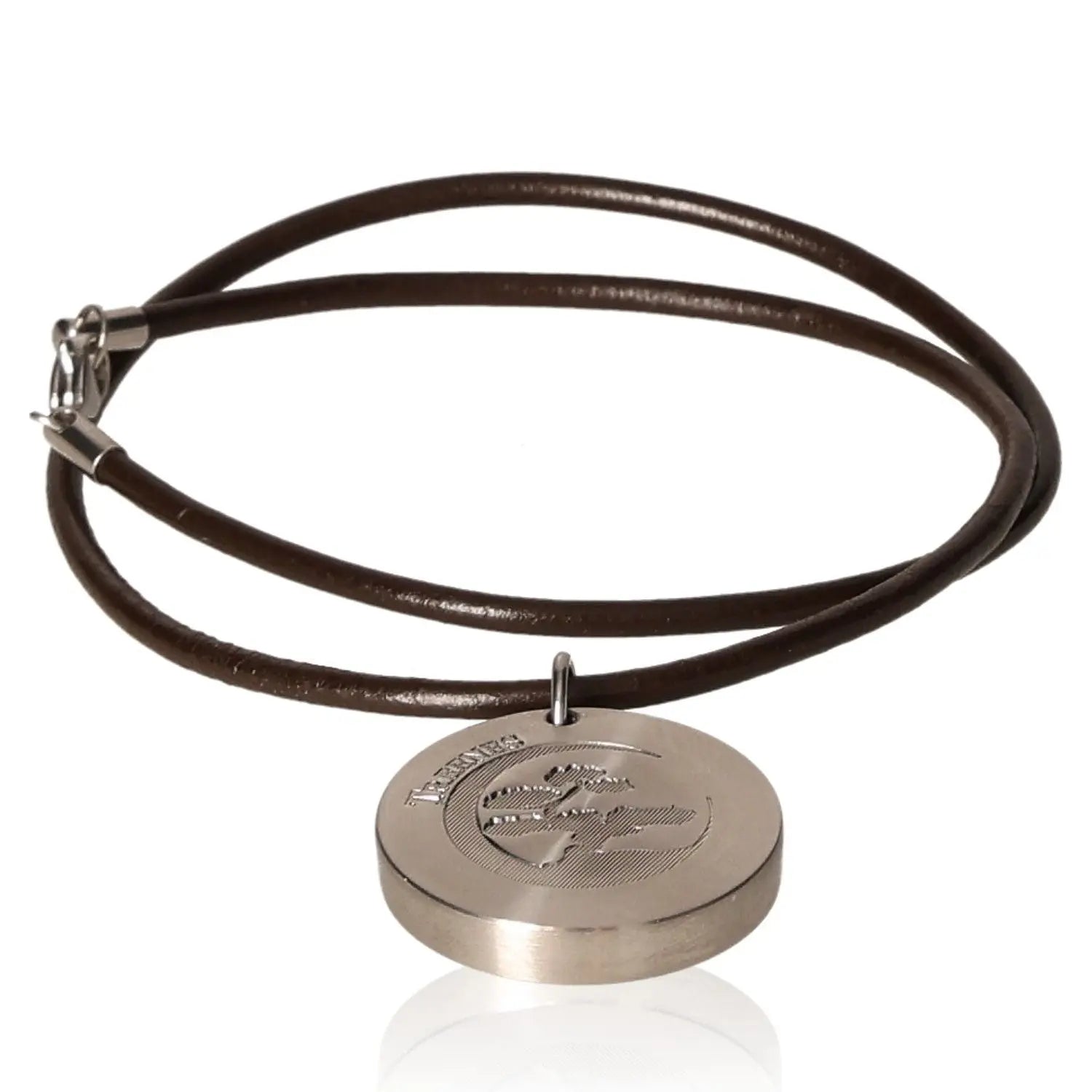 Jewelry Treenes Absorber Silver 3 cm with spiral design on leather cord, converts electric smog into warmth for stylish protection.