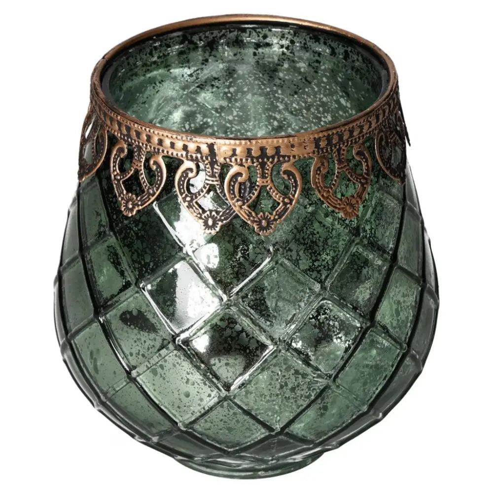Elegant Lantern With Metal Rim featuring emerald glass and intricate bronze detailing by Sylvia Crystals
