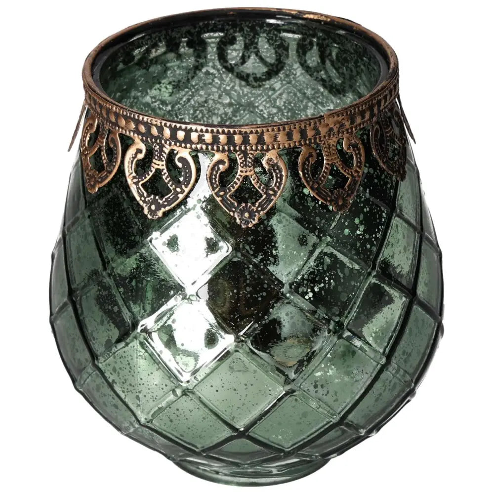 Exquisite green glass lantern with ornate metal rim, designed by Sylvia Crystals for luxury and elegance in home decor.