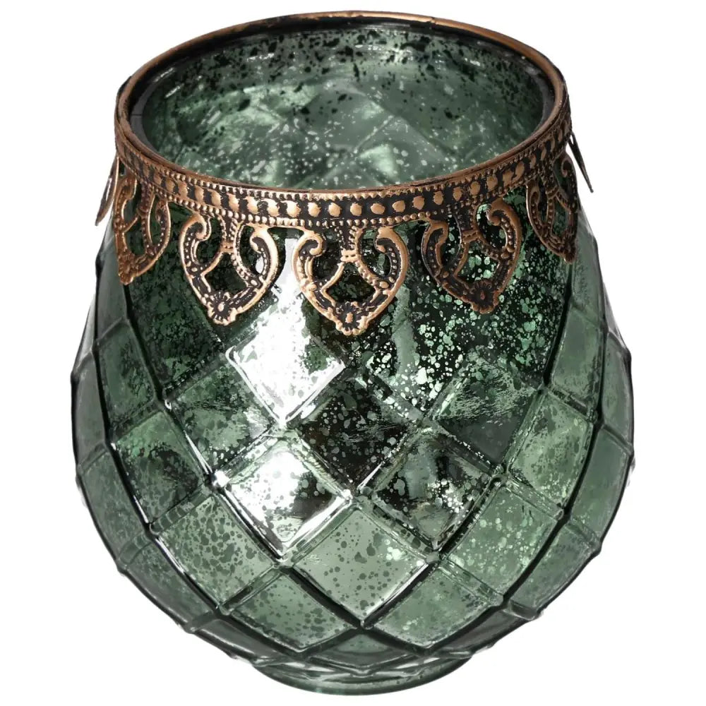 "Luxury green glass lantern with metal rim, featuring elegant design by Sylvia Crystals, perfect for modern and spiritual decor."