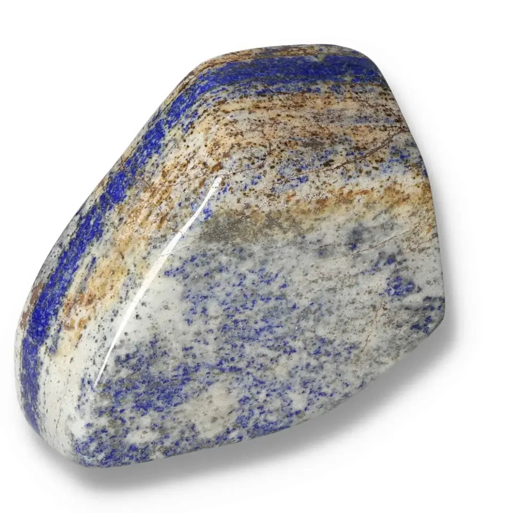 Lapis Lazuli freeform crystal with deep blue hues and golden pyrite flecks, enhancing energy and focus, perfect for home décor.