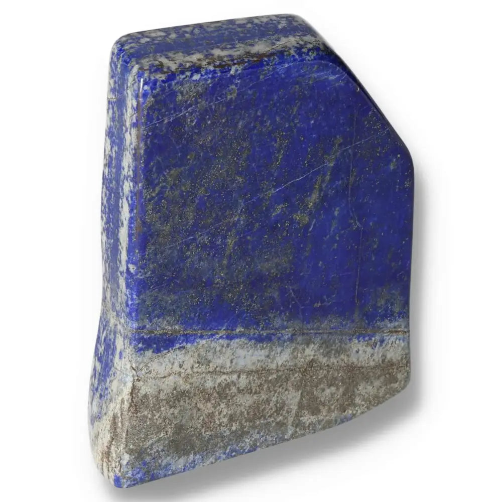 Lapis Lazuli freeform crystal with deep blue hues and golden pyrite flecks, symbolizing wisdom and inner power. Perfect for décor or energy focus.