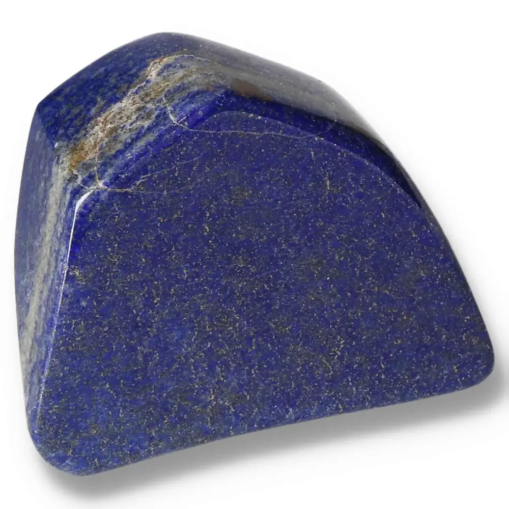 Close-up of a deep blue Lapis Lazuli stone with golden pyrite flecks, showcasing its natural beauty and unique texture.