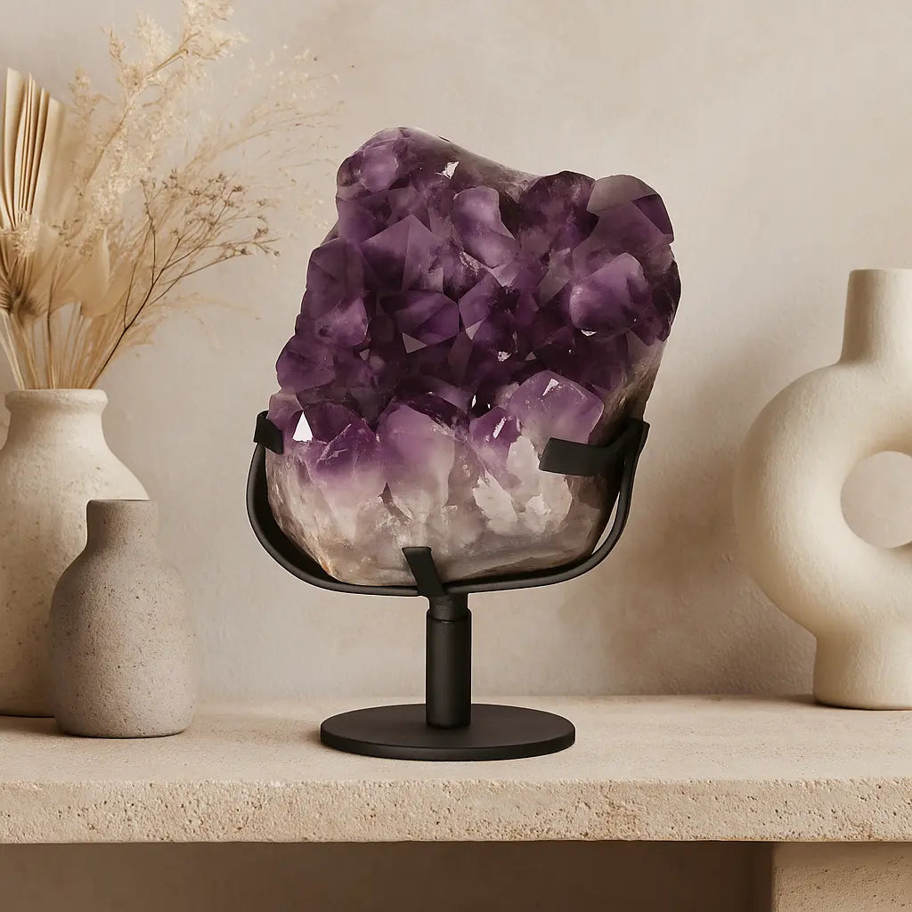 Large Polished Amethyst Druze on Metal Stand Sylvia Crystals Sp. z o.o.