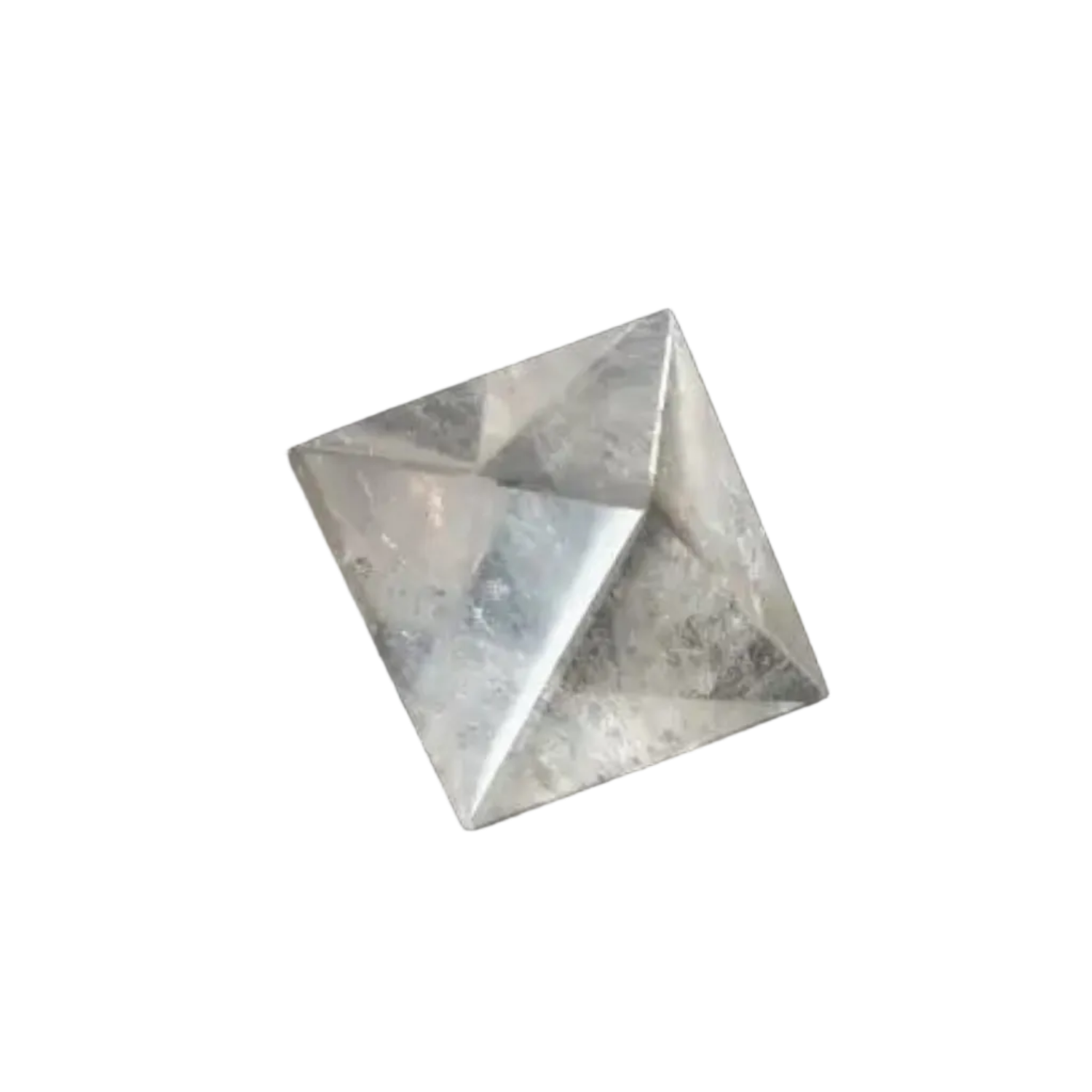 Lemurian Quartz Double Pyramid 3 cm displaying sacred geometry against a dark background, highlighting its ethereal clarity and striations.