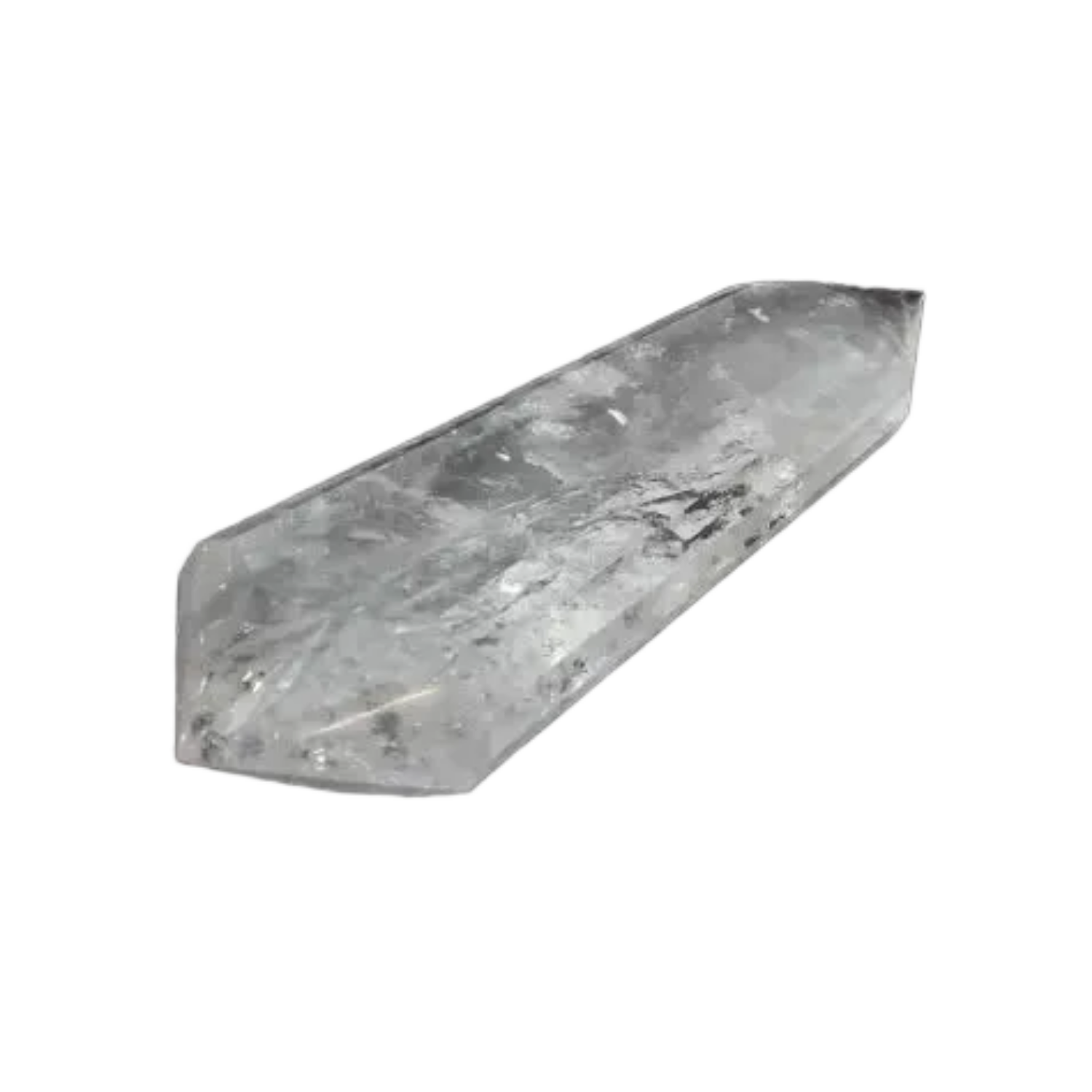 Lemurian Quartz Point crystal with ancient wisdom, featuring horizontal striations, against a dark background.