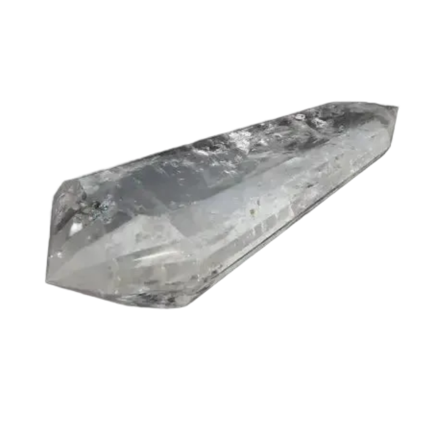Lemurian Quartz Point with distinct striations, believed to carry Lemurian wisdom and ancient energies, displayed on a dark background.