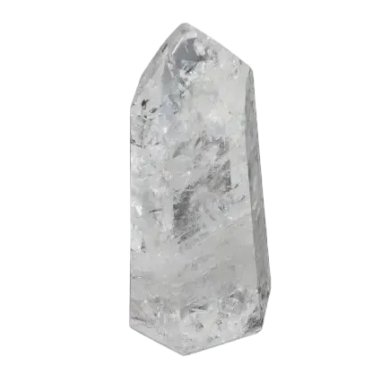 Clear Lemurian Quartz Obelisk standing against a dark background, known for its energetic and spiritual chakra properties.