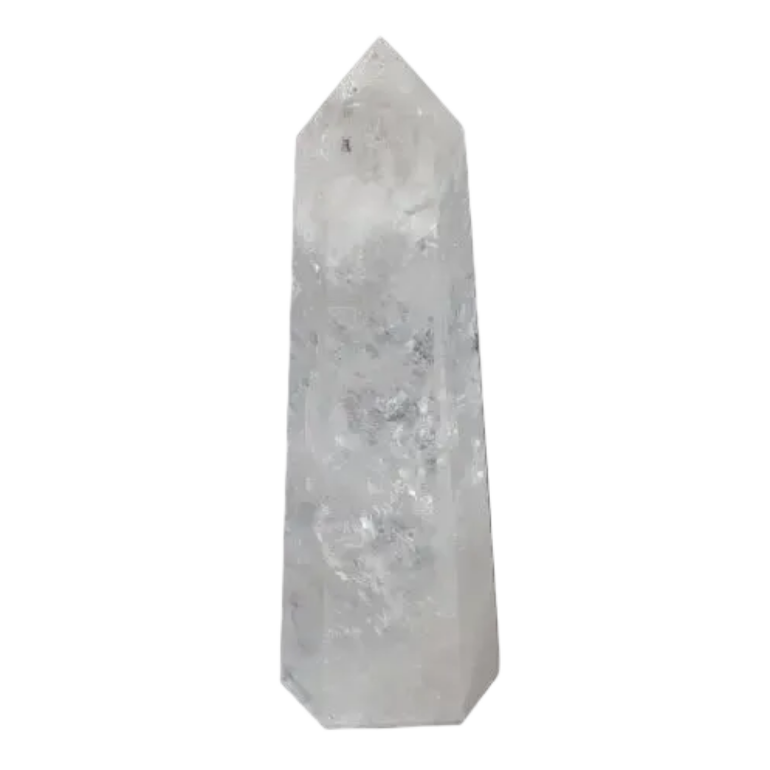 Lemurian Quartz Obelisk on black background, showcasing natural clarity and energy properties for spiritual and chakra healing.