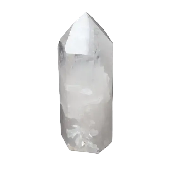 Clear Lemurian Quartz obelisk on black background, known as a "Master Healer" for energy amplification, clarity, and personal growth.