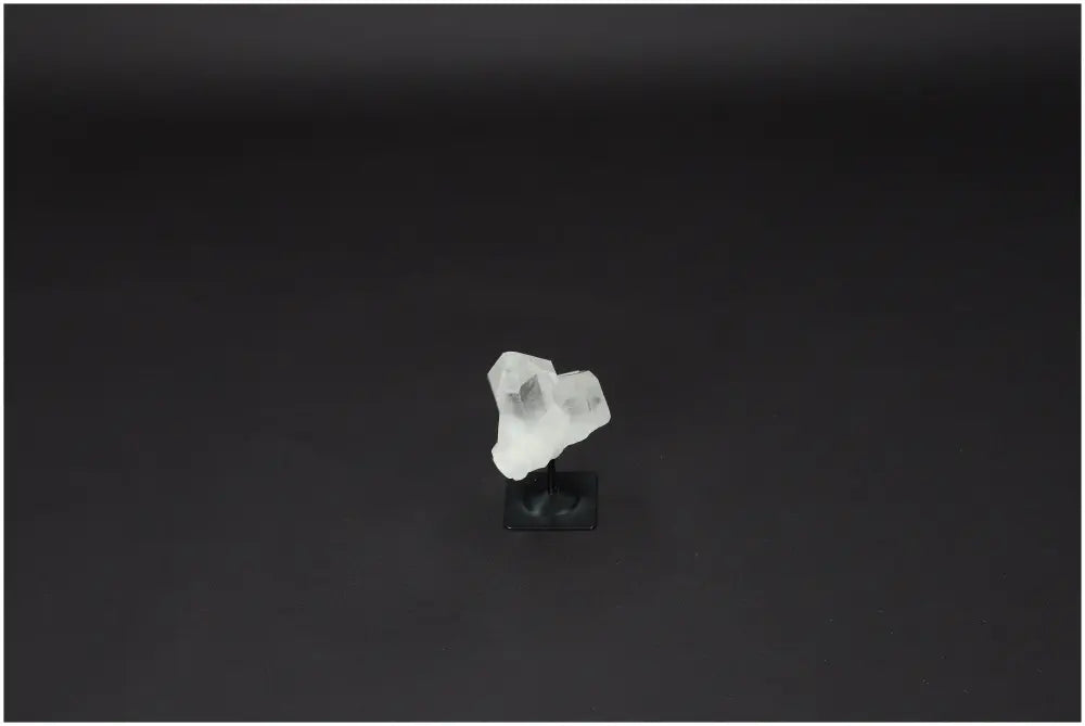 Lemurian Quartz on a black metal stand against a dark background, showcasing its clear and purifying properties for harmonizing energy.