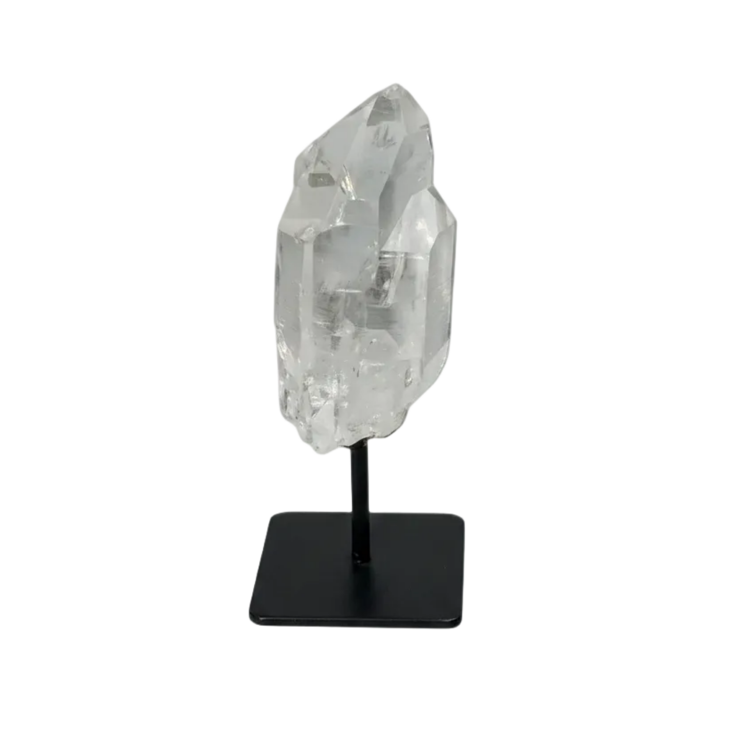 Lemurian Quartz on a metal stand, showcasing its clear, powerful purification properties against negative vibrations.