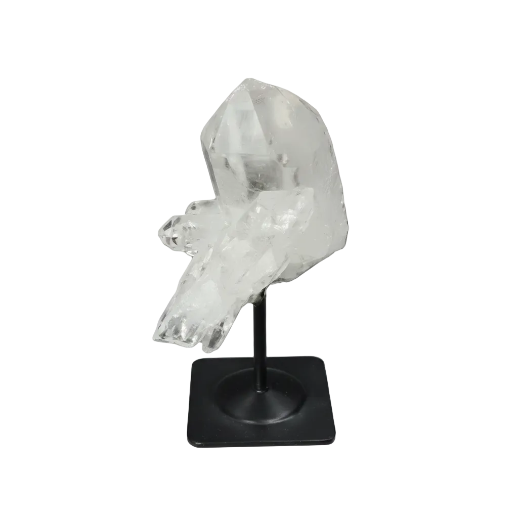 Lemurian Quartz on metal stand against dark background, known for purification, harmonizing body and mind, ideal for everyday use.