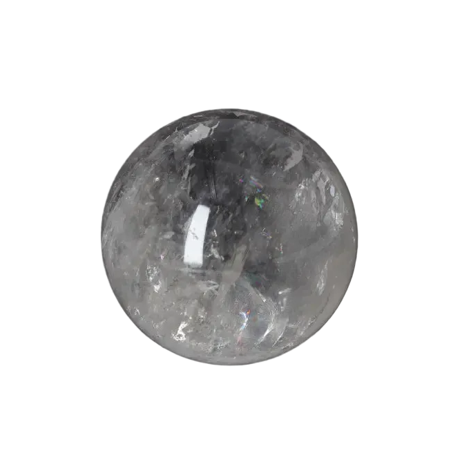 Lemurian Quartz Sphere 8-9 CM with radiant clarity on black background, promoting intuition and spiritual growth.