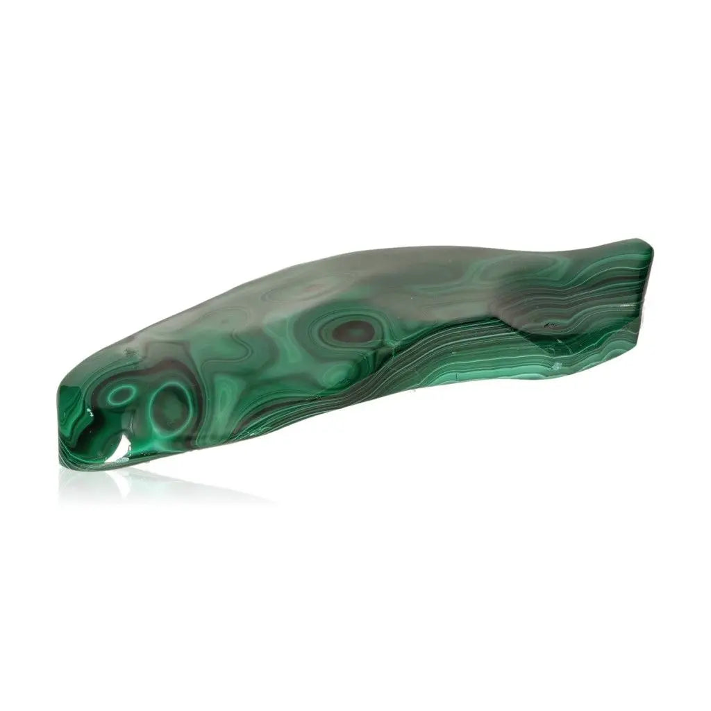 Polished malachite gemstone with vibrant green hues and unique natural patterns, known for its transformative and energizing properties.