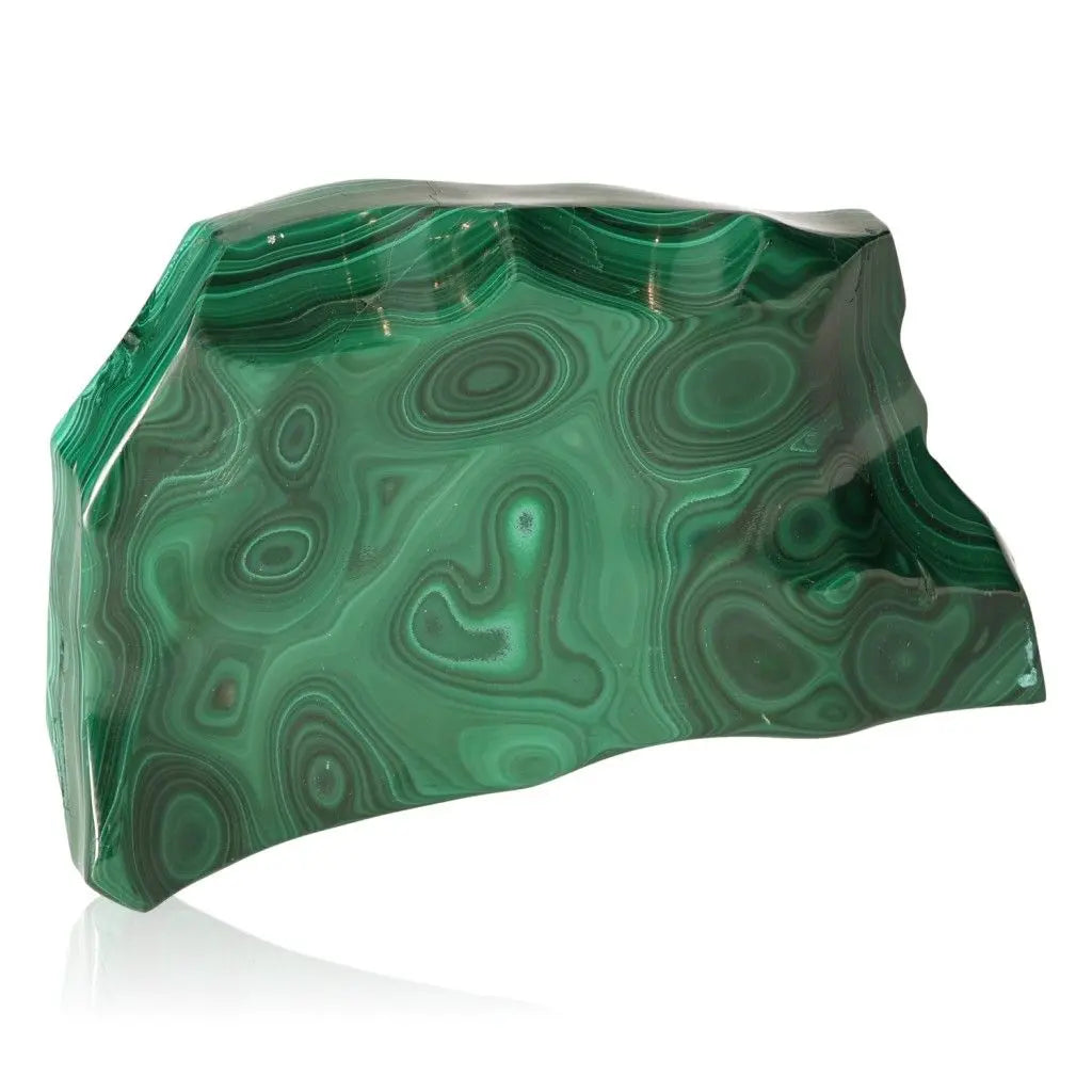 Polished green malachite gemstone with swirling patterns, known for promoting inner peace, courage, and hope.