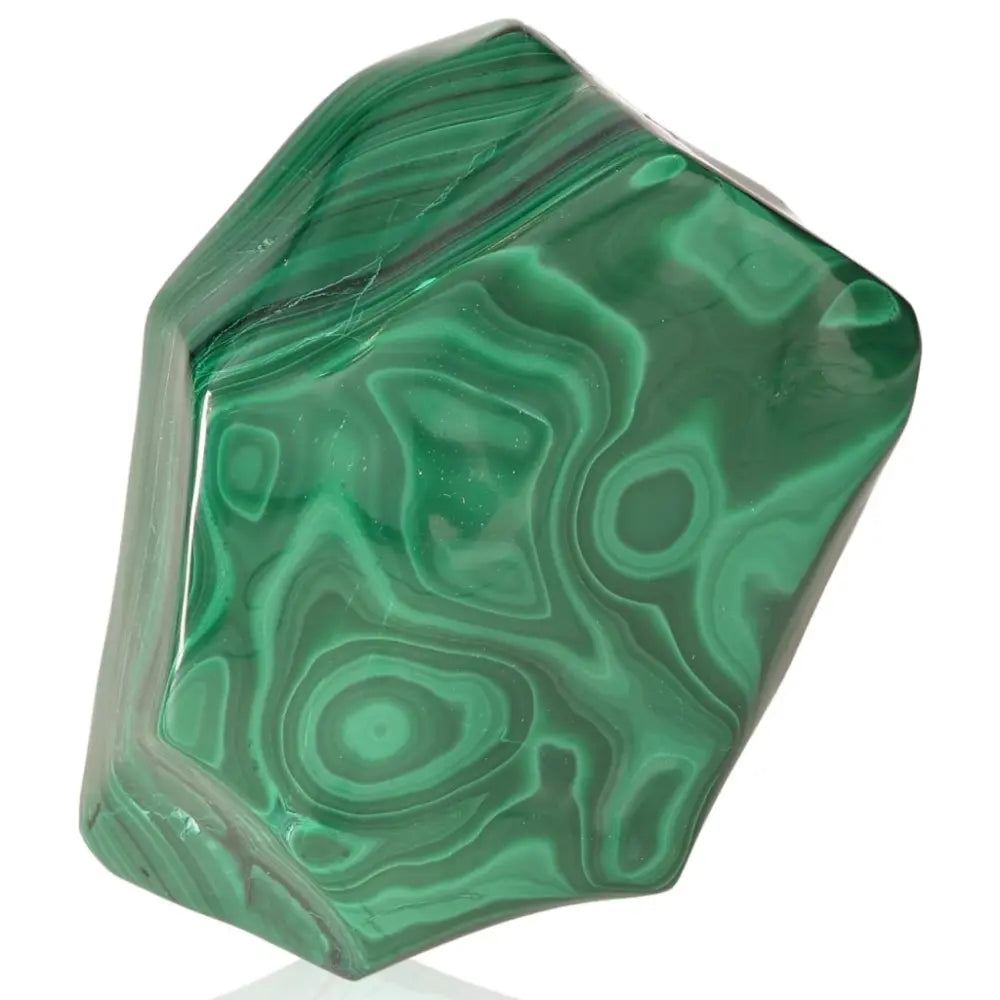 Malachite gemstone with vibrant green swirls, symbolizing hope and courage, ideal for balance and harmony seekers.