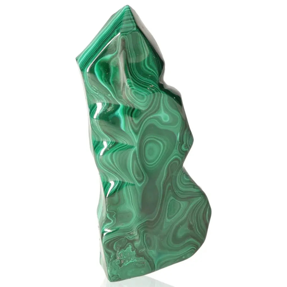 Malachite crystal with swirling green patterns, symbolizing soothing energy and guidance through life's changes.
