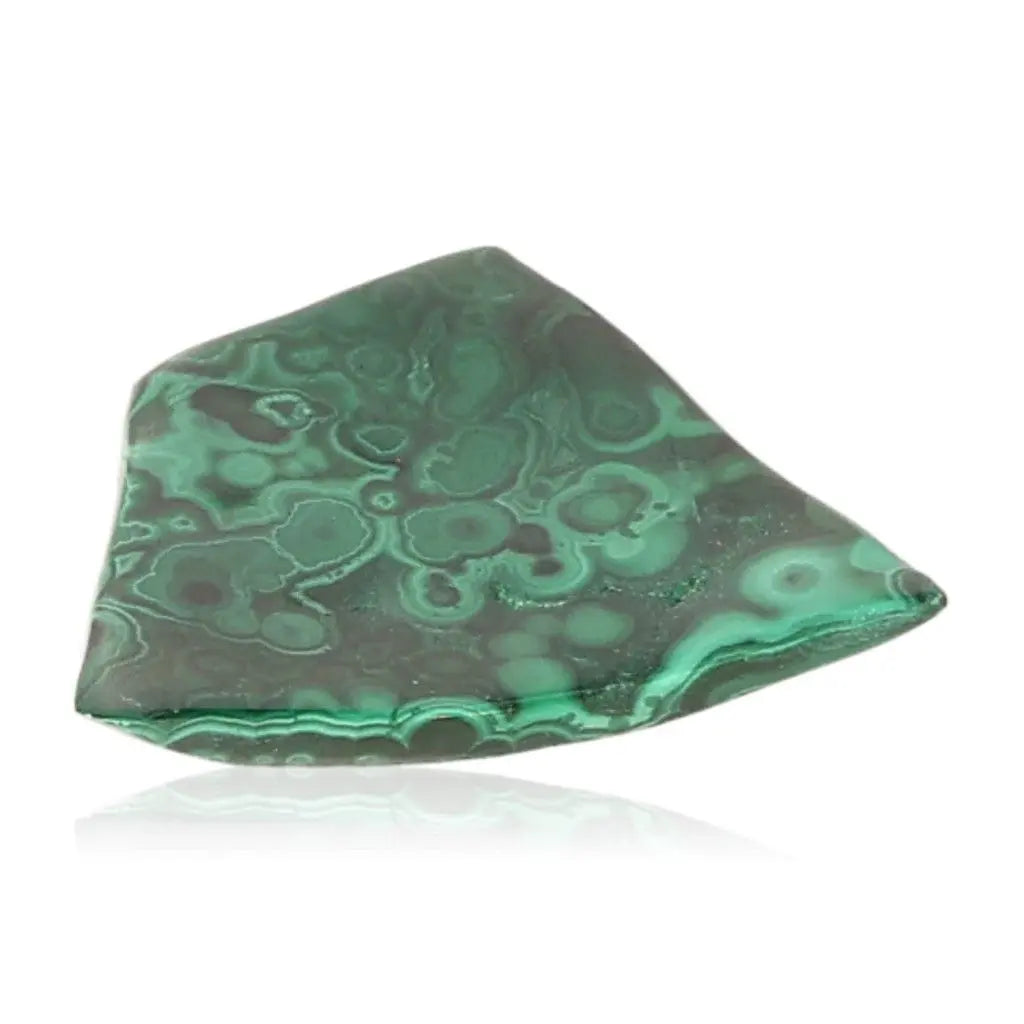 Polished green malachite stone with swirling patterns, known for its soothing energy and ability to inspire courage and optimism.
