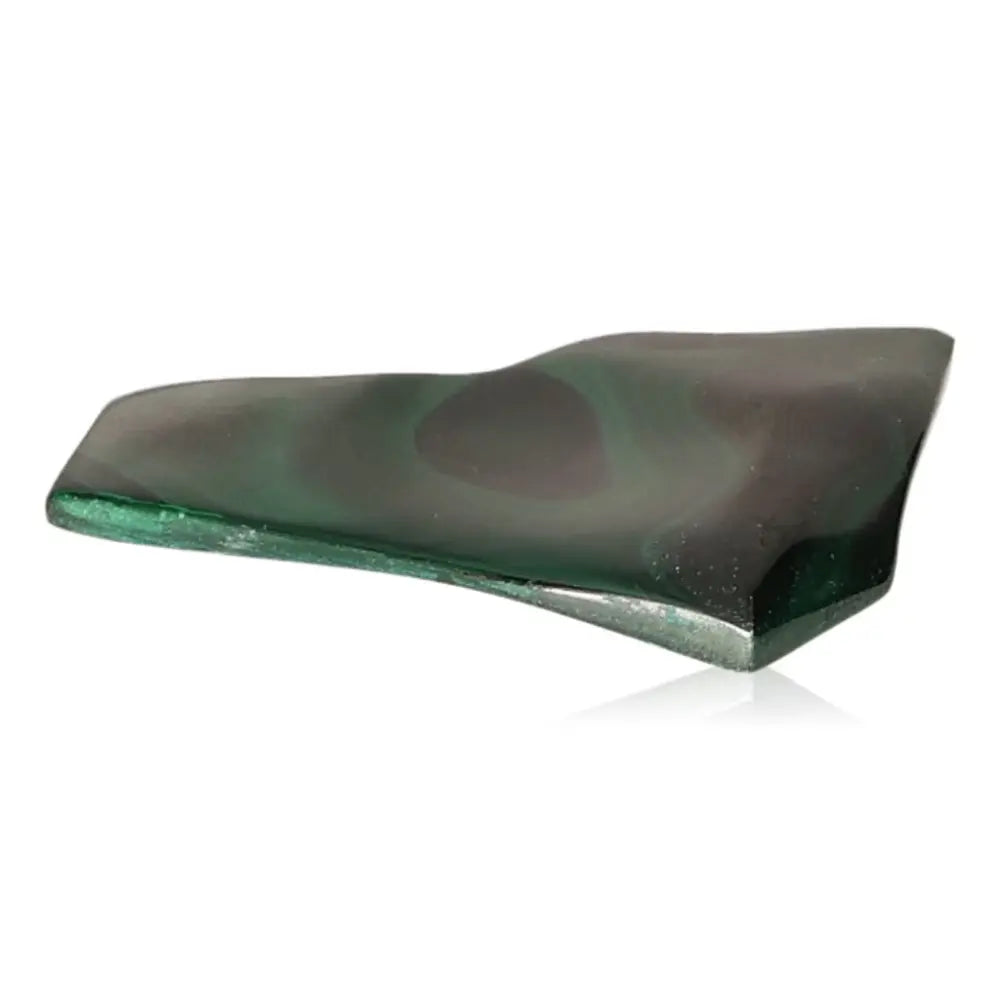 Malachite gemstone with vibrant green hue and swirling patterns, known for its soothing energy and healing properties.