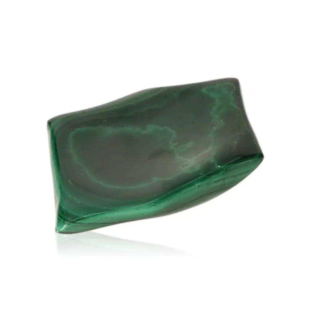 Deep green Malachite gemstone with swirling patterns, known for soothing energy and courage, ideal for personal transformation.