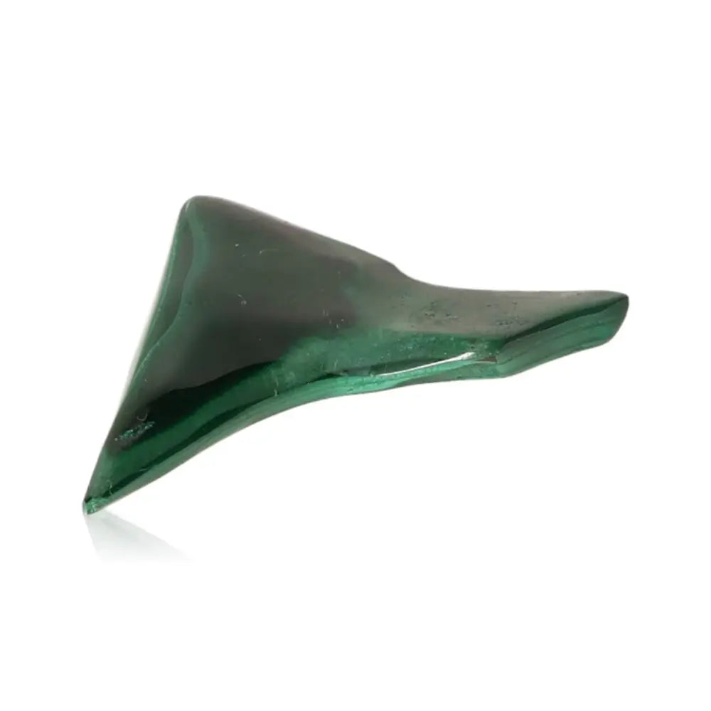Polished green Malachite stone with unique triangular shape and smooth surface.