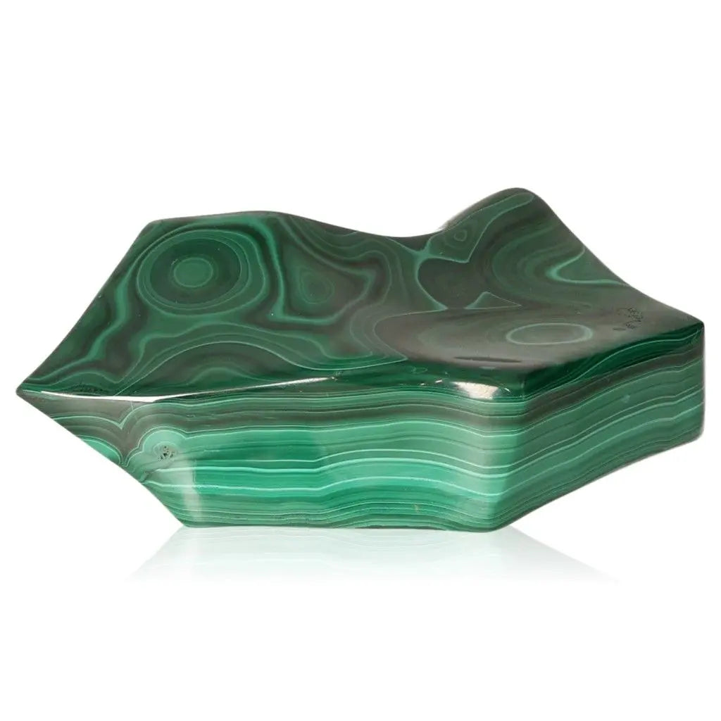 Unique Malachite sculpture with vibrant green bands, showcasing natural beauty and offering soothing energy and healing properties.