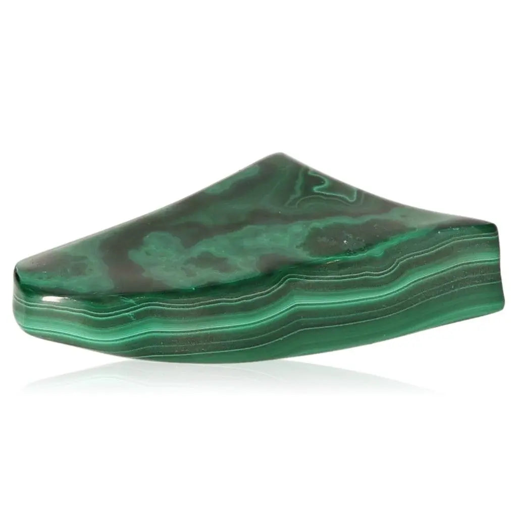 Polished Malachite gemstone displaying vibrant green layers, symbolizing transformation and emotional alchemy with a soothing aura.