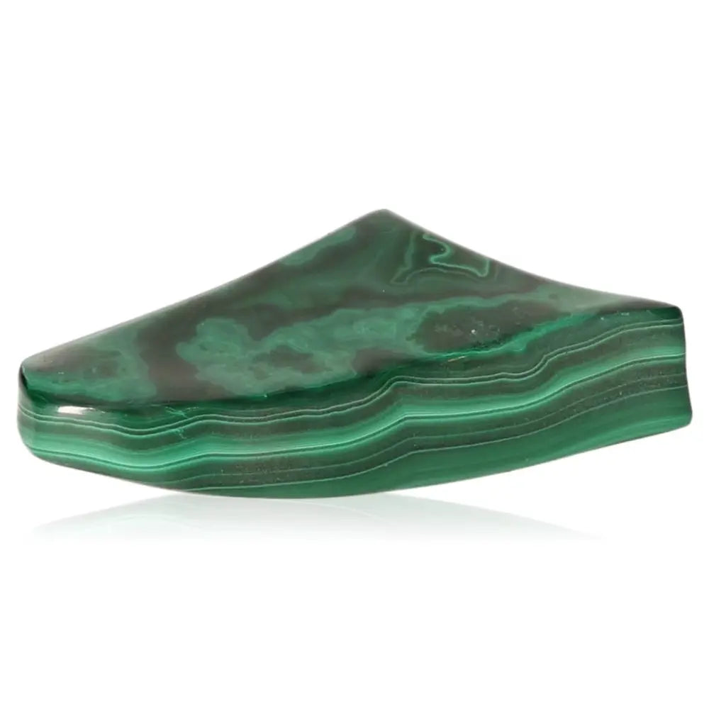 Vibrant green malachite gemstone, known for its soothing aura and emotional alchemy, enhancing courage and hope.