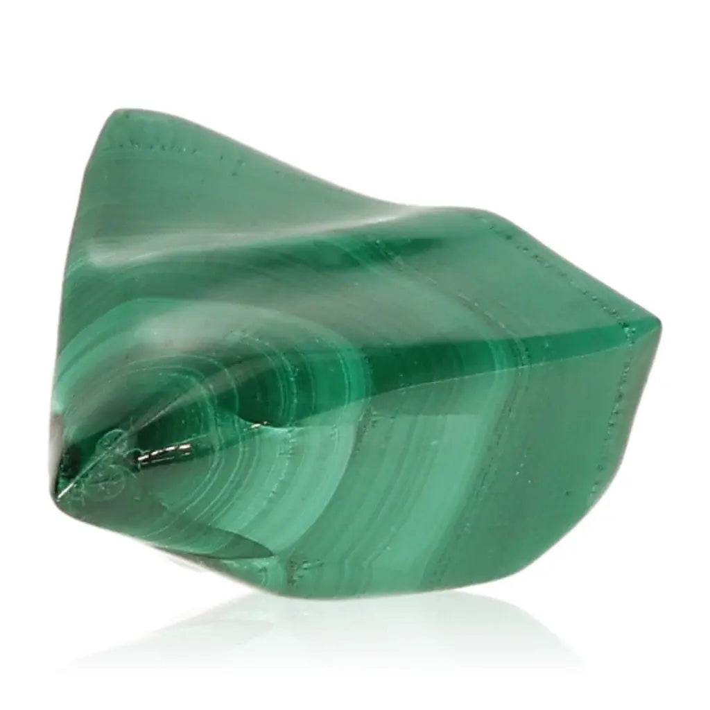 Polished malachite crystal showcasing rich green hues and unique patterns, symbolizing courage, hope, and soothing Earth energy.
