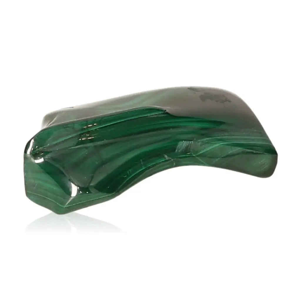 Polished green Malachite stone showcasing vibrant layers, symbolizing tranquility, emotional balance, and courage in transitions.