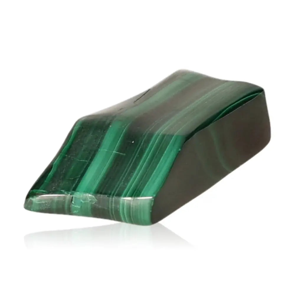 Malachite gemstone showcasing its vibrant green layers, symbolizing nature's energy and balance, perfect for courage and positive transitions.