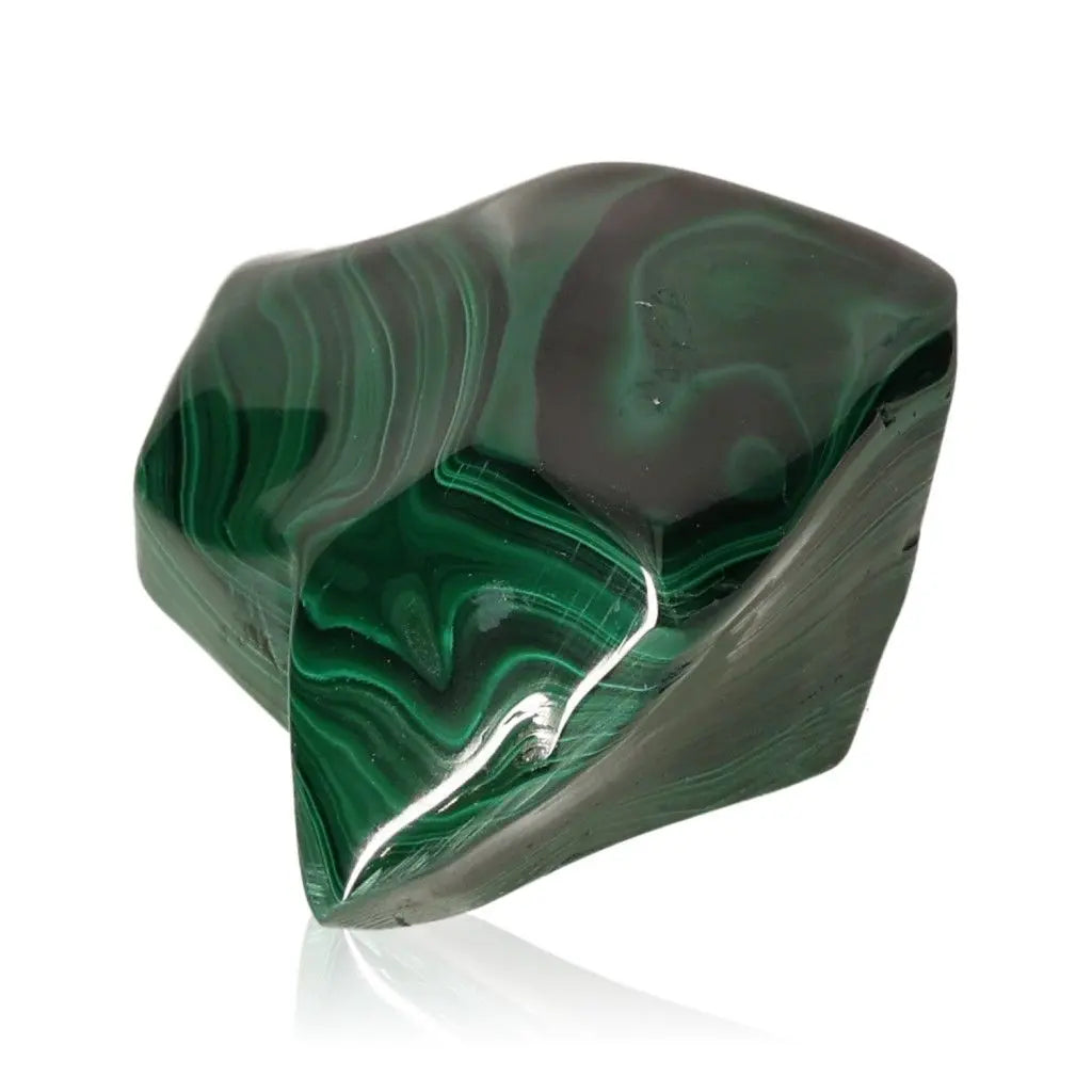 Polished malachite crystal with vibrant green swirls, known for its soothing energy and emotional balance properties.