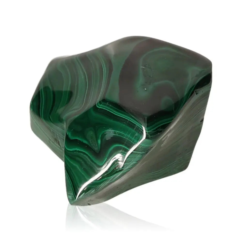 Polished malachite crystal stone with rich green hues and swirling patterns, symbolizing nature and emotional balance.