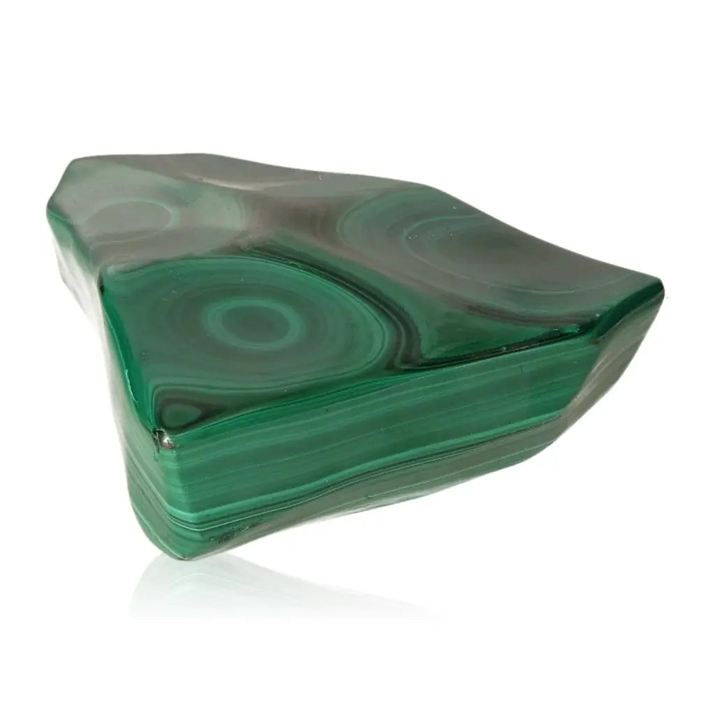 Polished malachite gemstone displaying swirling green patterns, embodying soothing energy and transformation for courage and resilience.